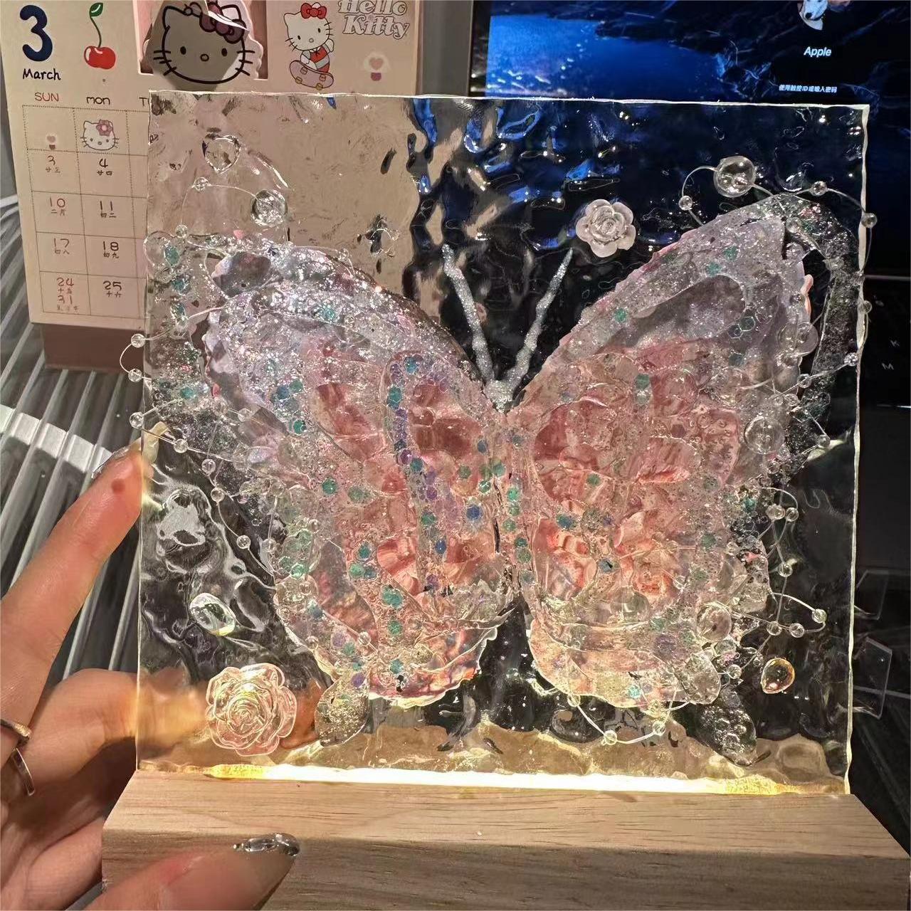 Creative three-dimensional dream butterfly handmade DIY water ripple glass painting night light hand-painted Tanabata Valentine's Day gift