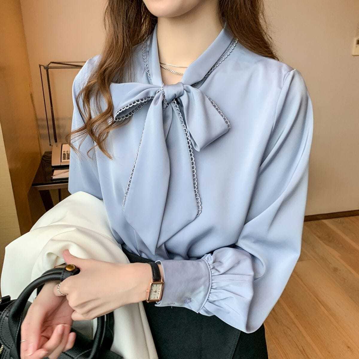 Picture of Shirt Women's Spring Imitation Satin Chiffon Shirt Women's Bow Loose Long-Sleeved Style Shirt