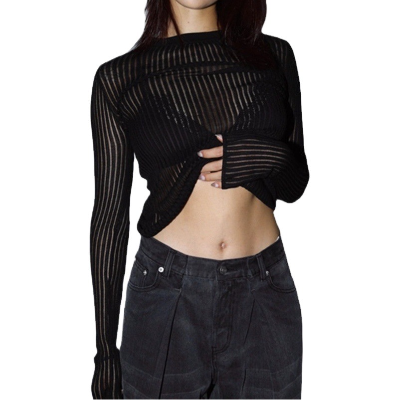 2025 European and American Spring and Summer New Best-Selling Long-Sleeved Round Neck Thin Breathable Knitted Top