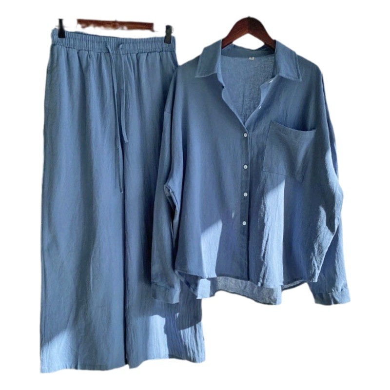 Picture of Cross-border Amazon Women's 2-piece Vintage Plus Size 2022 Cotton and Linen Shirt Set High Waist Loose Trousers