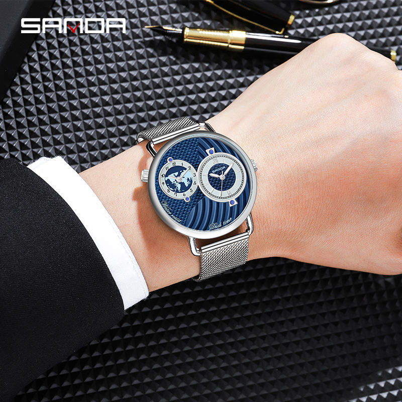 Sanda Aliexpress Best-Selling Belt Mesh Belt Dual Time Area Men's Quartz Watch Large Dial Watch Casual Men's Business Watch