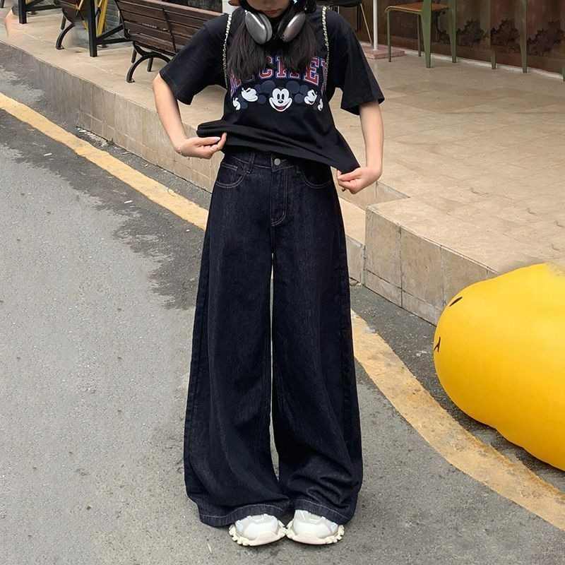 American Style dark blue Jeans Women's Summer Thin High Waist Loose Large Straight Slimming All-match Wide Leg Pants