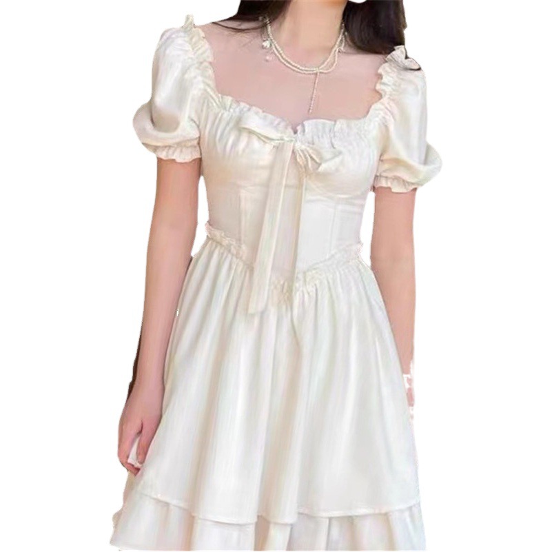 Foreign trade 2022 new fashion lady dress pure want to wear square collar puff sleeve super fairy sweet solid color