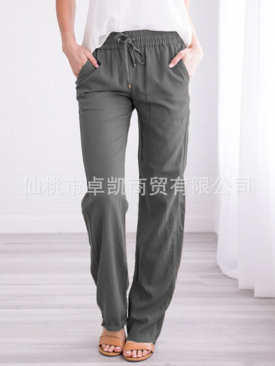 Picture of 2025 Cross-Border Ebay Amazon Wish Spring and Summer New Pure Color Cotton and Linen Loose Drawstring Casual Wide-Leg Pants for Women