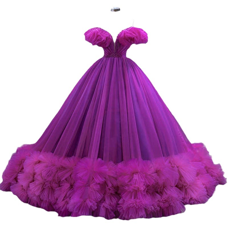 High-Waisted Plus-Size Foreign Trade Off-Shoulder Deep V-Neck Mesh Beaded Tutu Skirt Stage Performance Evening Dress Host Long Dress