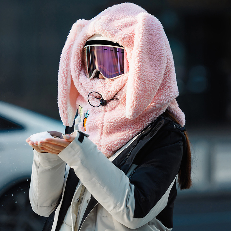 Picture of Winter Warm Series Cute Bear Hat Mask All-in-One Women's Ear Protector Cycling Warm Ski Helmet plush Hat