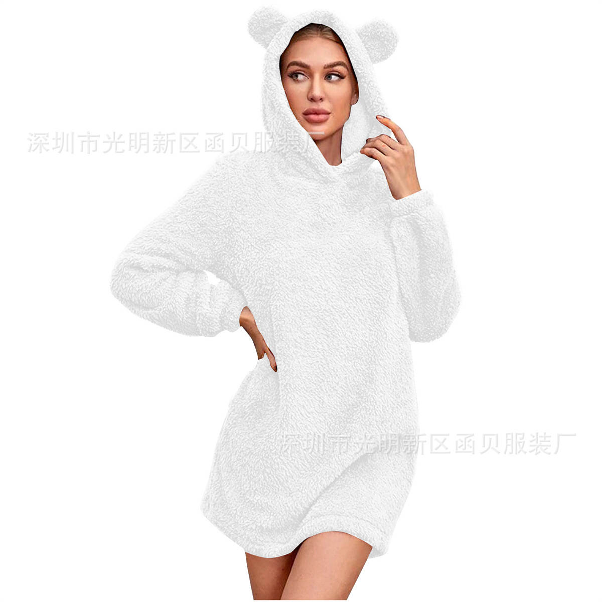Picture of European and American Cross-border Amazon 2024 Autumn and Winter New Ear Hooded Loose Plush Long Sleeve Women's Wei Skirt Coat