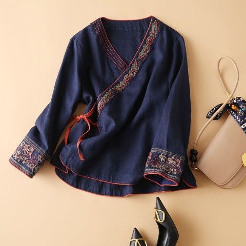 Picture of Summer Ethnic Style Women's Cotton and Linen Slant Placket Embroidered Top Artistic Retro Loose Modified Hanfu Ancient Style Tea Zen Clothing