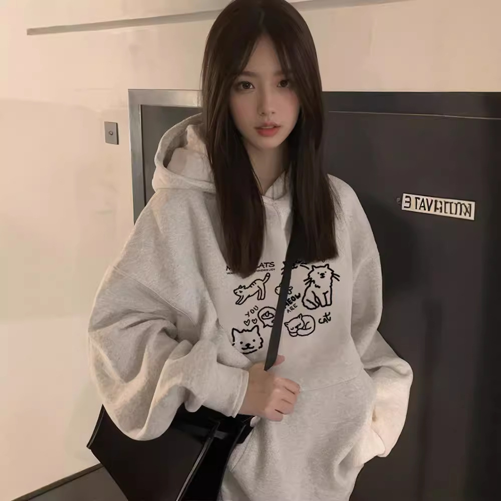 Picture of White Flower Grey Hooded Sweatshirt Women's 2024 New Spring and Autumn Thin Simple Style Early Autumn Long Sleeve Coat Design Sense Top