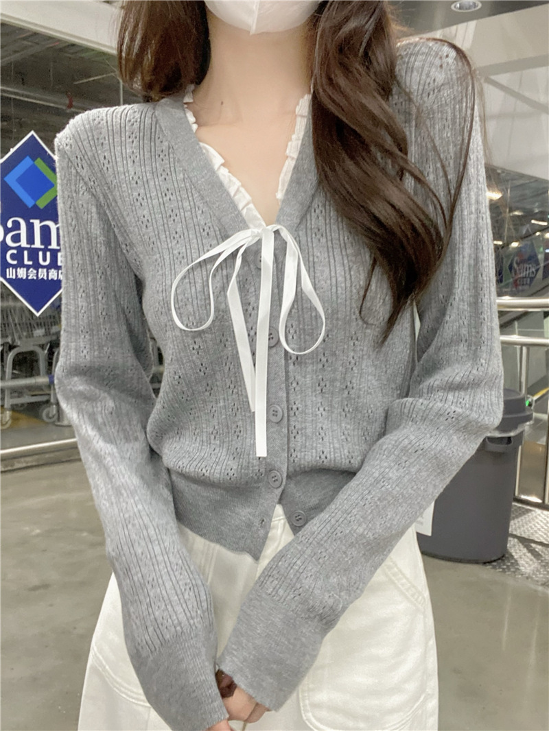 Pure Wish Soft Waxy Lace V-Neck Long Sleeve Knitted Cardigan 2024 New Slimming Short All-match Age-reducing Top