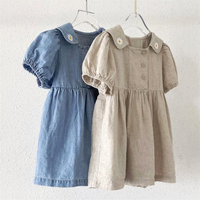 Ins Girls Korean Style Baby Spring and Summer dress Stylike Chrysanthemum Embroidered Lapel Bubble Short-sleeved Denim Skirt