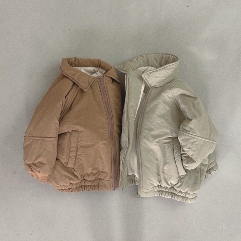 Korean Ins Children's Winter Coat Boys and Girls Solid Color Lapel Zipper Cardigan Jacket Long Sleeve Cotton Clothes
