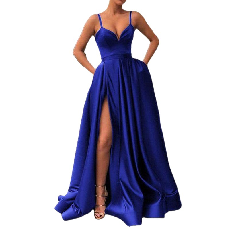 2025 New Cross-Border Spring Amazon European and American Dress Slimming Look Pure Color Suspender Tail Banquet Satin Dress