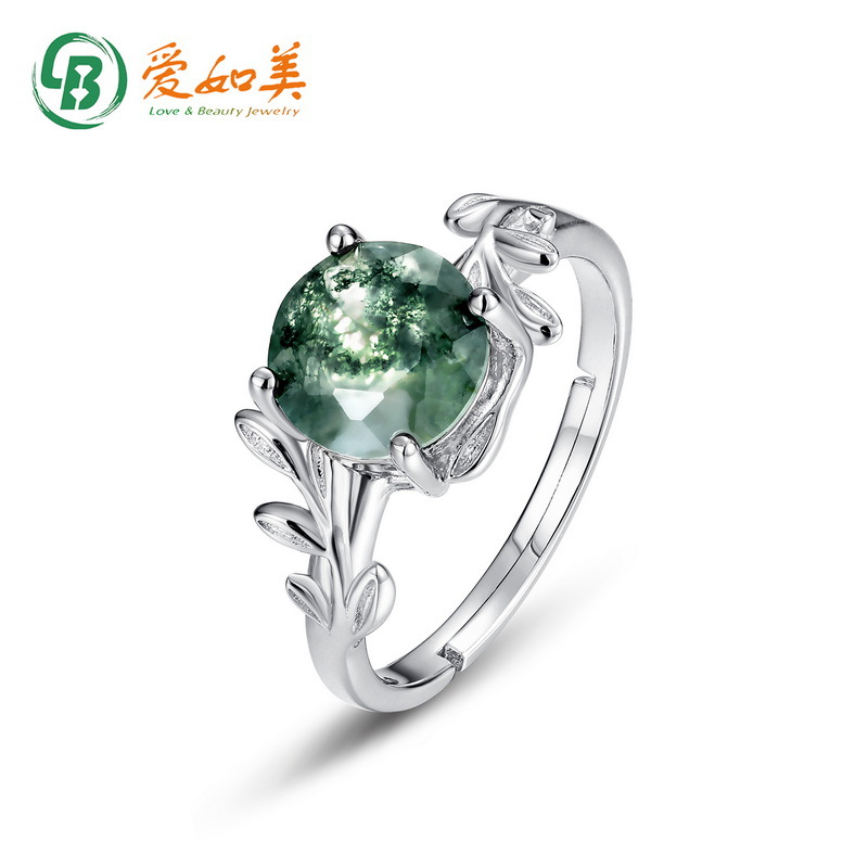 Europe and the United States cross-border explosion S925 silver green moss ring aquatic plants agate stone finger ring unique elegant temperament Europe and the United States style