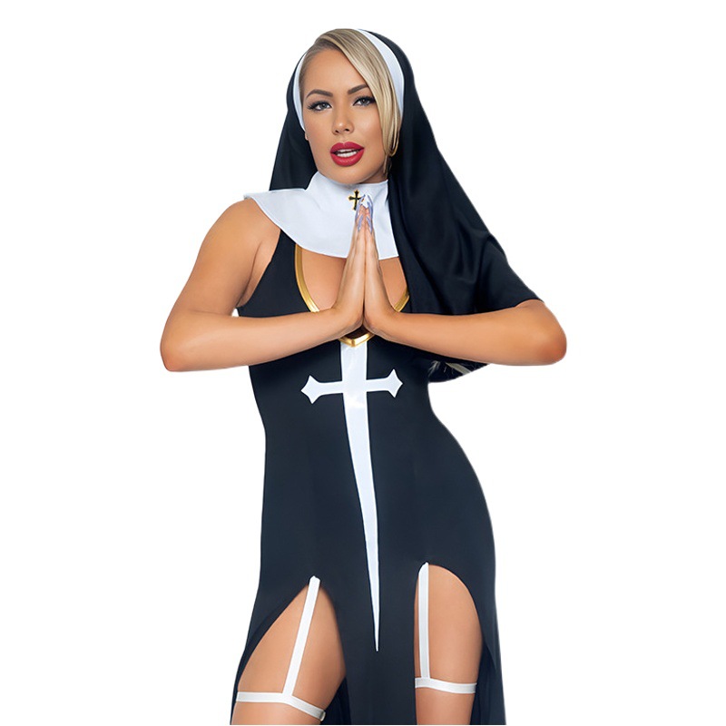 Halloween nun costume cosplay role play nun crossdress party nun long skirt split temptation suit