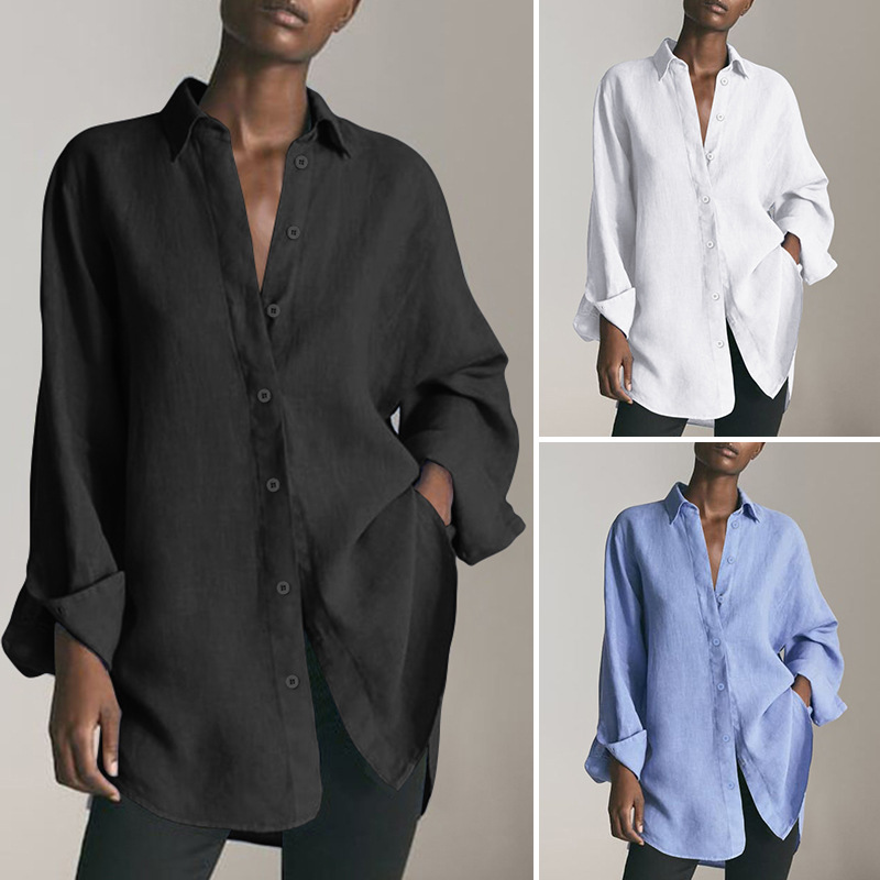 2024 Cross-border S-5XL Women's Dress Vintage Shirt Buckle Waist Top Oversized Loose Pullover
