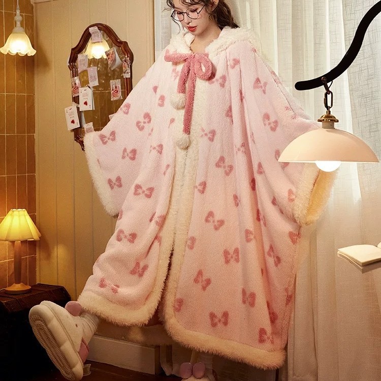 Bowknot Cape Nightgown for Women, Cat Plush Hooded Coral Fleece Thickened Loungewear Wholesale, Thickened and Warm