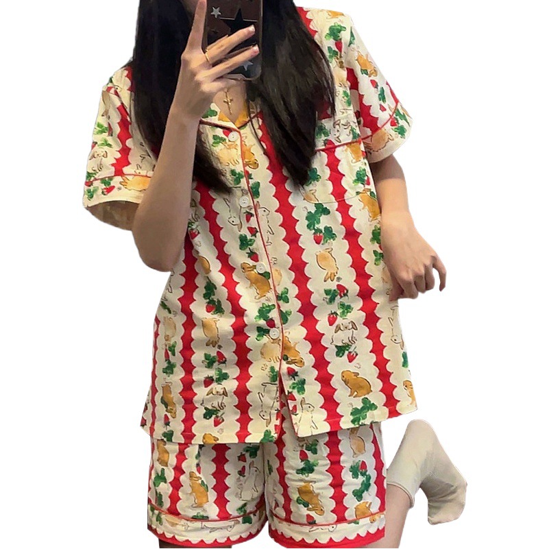 Korean version of floral bunny Christmas atmosphere summer short sleeve shorts pajamas women's striped foreign style home clothes wholesale