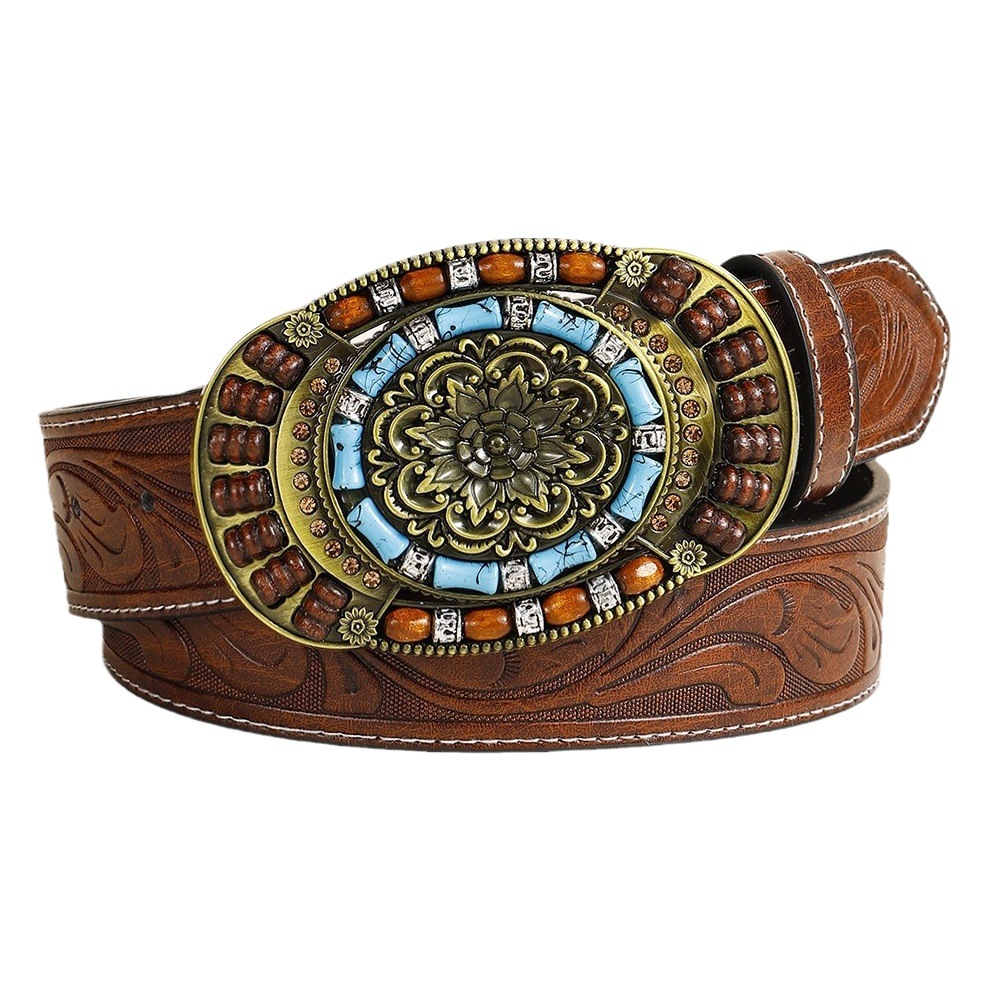 Women's leather belt manufacturer wooden beads retro ethnic style fashion personality all-match cross-border e-commerce decorative edge belt