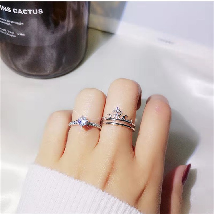 New Korean-style Silver Crown Women's Double-layer Combination Diamond Opening Crown Ring Ring Set Ring 2-piece Set Split Ring