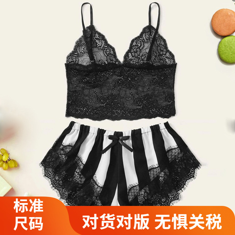 Amazon cross-border foreign trade supply lace suspenders perspective striped silk shorts sexy temptation sexy underwear
