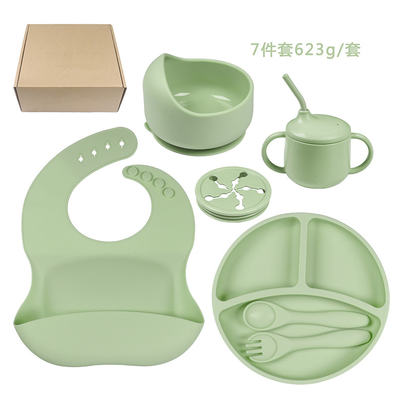 Picture of Cross-border Hot Selling Children's Supplementary Silicone Dinner Plate Bowl Fork Spoon Bib Five Pieces Tableware suit Drop Resistant Dinner Plate suit