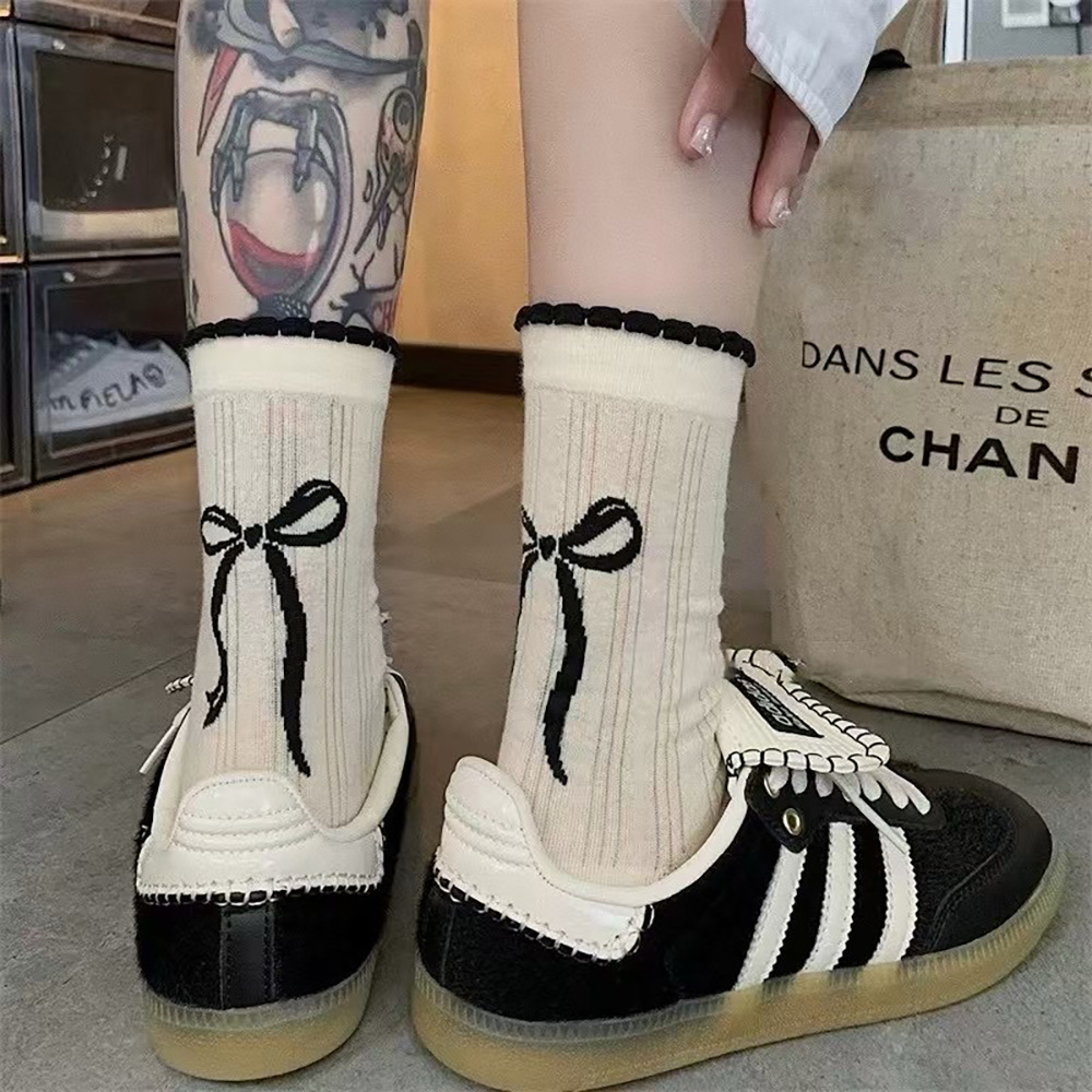 Summer New Chinese Style Bow Lace Mid-tube Socks Women's Trendy Fashion National Style Vintage Thin Breathable Stacked Socks