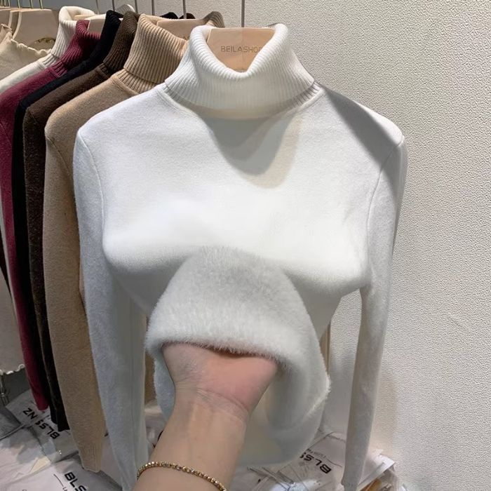 Picture of Foreign trade fleece-lined thick warm one-piece velvet top autumn and winter threaded high collar long sleeve T-shirt women's knitted base