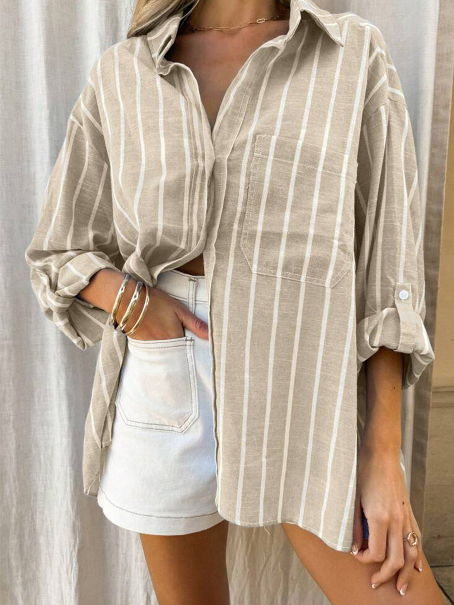 Cross-Border Amazon European and American Stripesd Shirts for Women 2025 New Elegant Versatile Long-Sleeved Shirts Cardigan Loose Women's Clothing