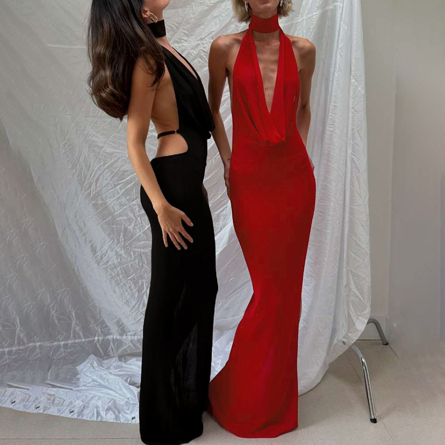 Picture of Europe and the United States wholesale women's 2024 autumn and winter new temperament sexy neck V-neck backless side split dress dress