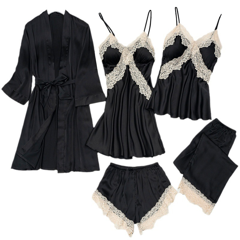 Picture of Spring and Summer Women's Pajamas, Ice Silk Thin Five-Piece Set, Sexy Camisole Nightdress, Large Size Loose Nightgown with Chest Pad, Loungewear