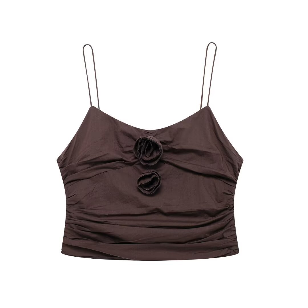 European and American 2024 New Summer Style Slimming Look Short Convex Flower Decoration Pleated Camisole Top Wholesale