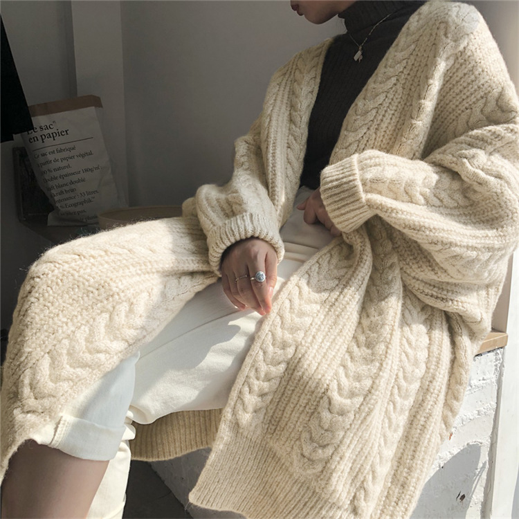 Picture of Autumn and Winter New Outerwear Knitted Cardigan Vintage Fashion Simple Thickened Loose Twist Long Women's Sweater Coat for Women