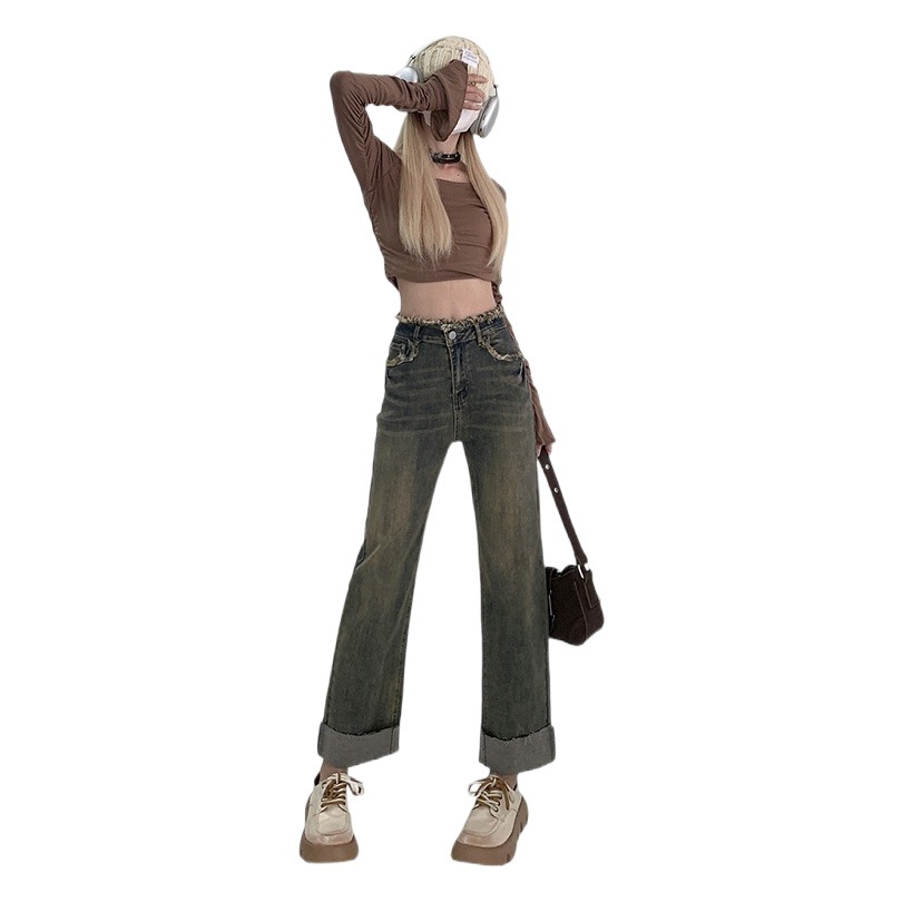 Cement yellow straight jeans women's autumn 2023 new high waist slimming small narrow wide leg pipe pants