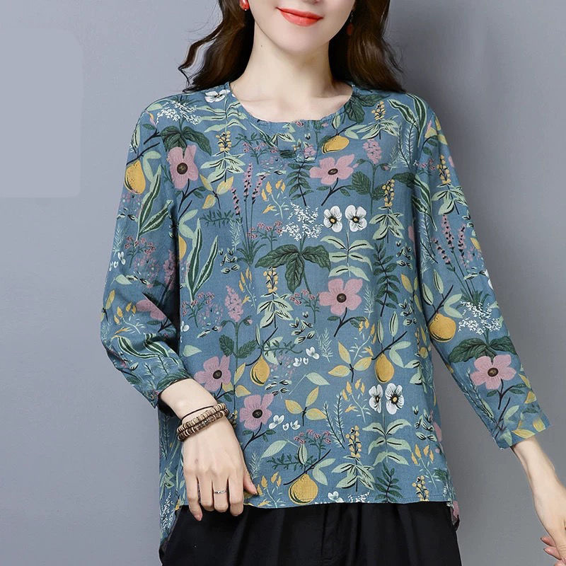 New Arrival Literary Style Women's Clothing 2023 Spring and Autumn Korean Style Round Neck Long Sleeve T-Shirt Women's Loose Printed Top Base Shirt