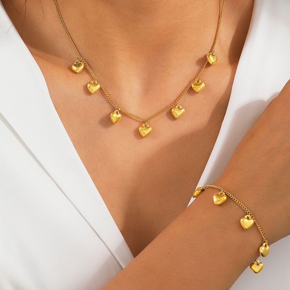 Stainless Steel Women Love Heart Pendant Chain Bracelet Necklace Jewelry suit Personality Fashion High-end Daily