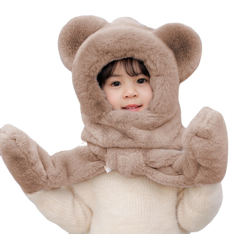 Picture of Children's hat winter boys and girls fleece-lined bear cute ear cap scarf gloves one-piece thick warm three-piece set