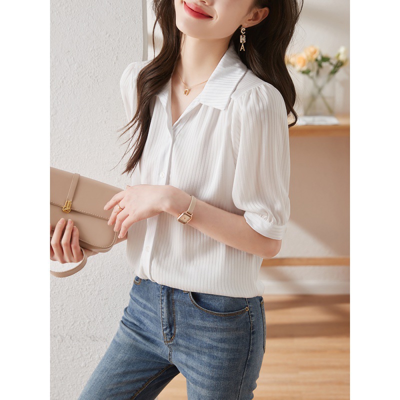 Picture of Half sleeve white shirt women's summer thin design V-neck shirt commuter shoulder short sleeve chiffon top