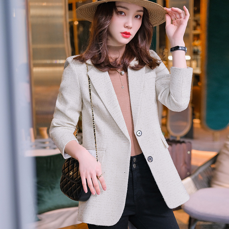 Autumn and winter leather temperament commuter blue Korean single-breasted suit collar solid color viscose thin temperament clothing