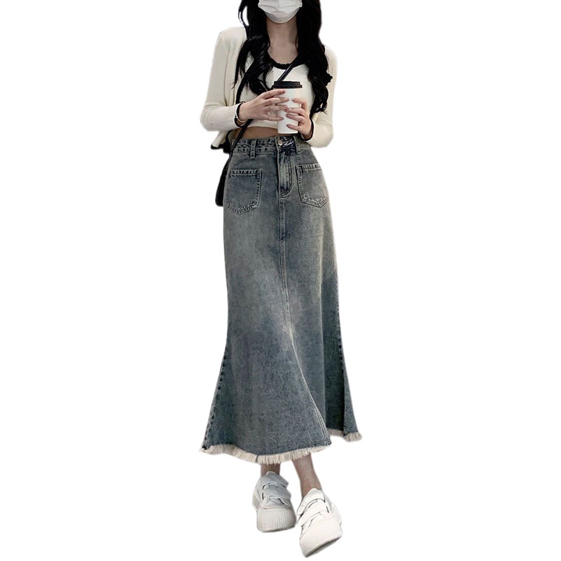 Vintage Denim Skirt Women's Short Skirt Midi Skirt Ins High Waist Slimming A- Line Fishtail Hip Skirt for Summer