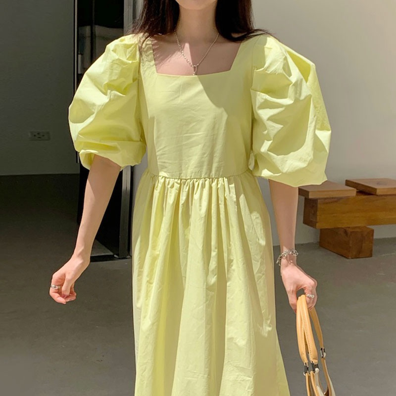 plus size South Korea Chic Summer New Dongdaemun Niche Simple Solid Color Loose Square Collar Puff Sleeve dress Women