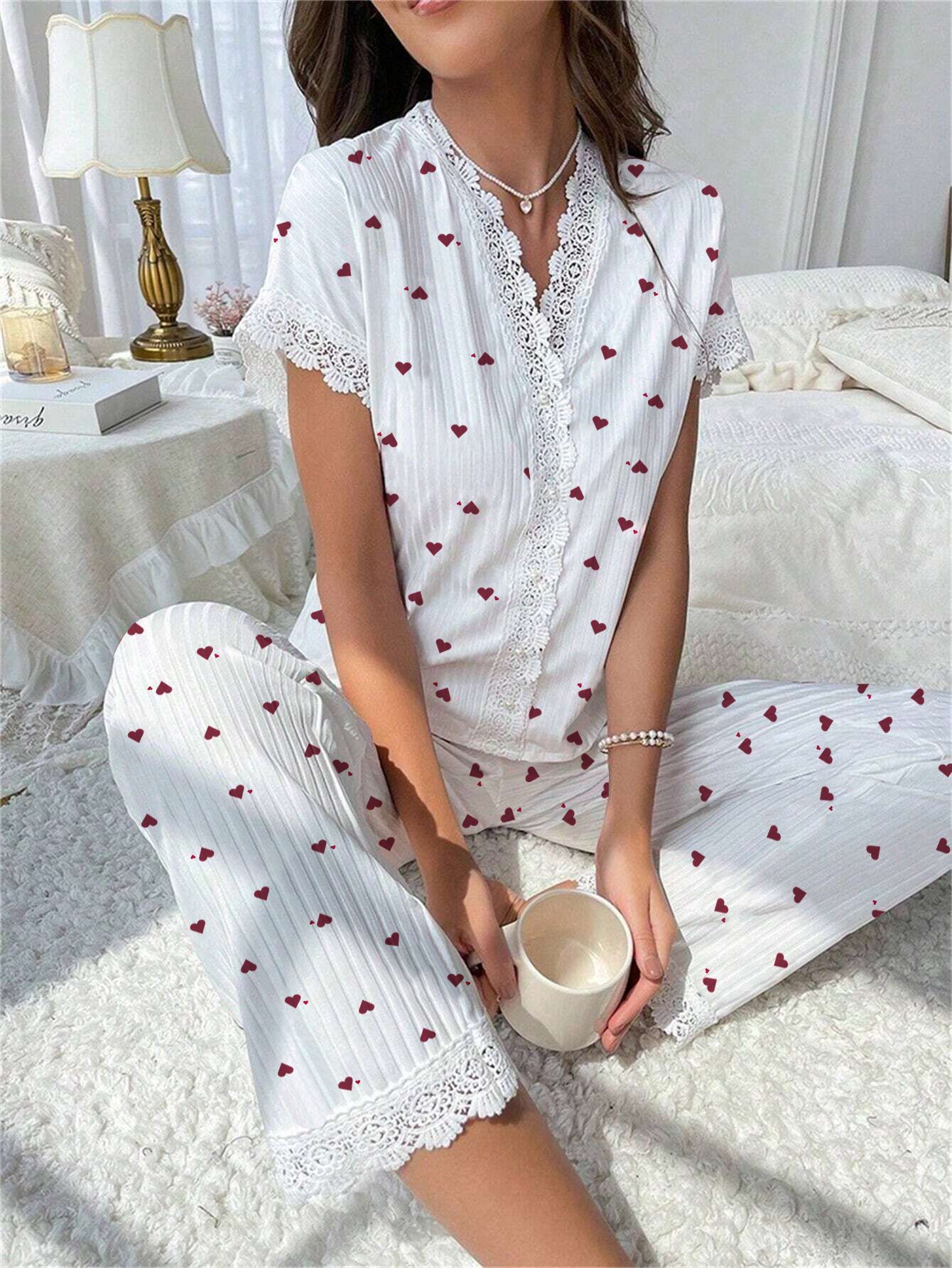 Picture of European and American Cross-Border Best-Selling Women's Home Clothes Cherry Print Water-Soluble Embroidered Edge Short-Sleeved Trousers Can Be Worn Outside Pajamas for Women