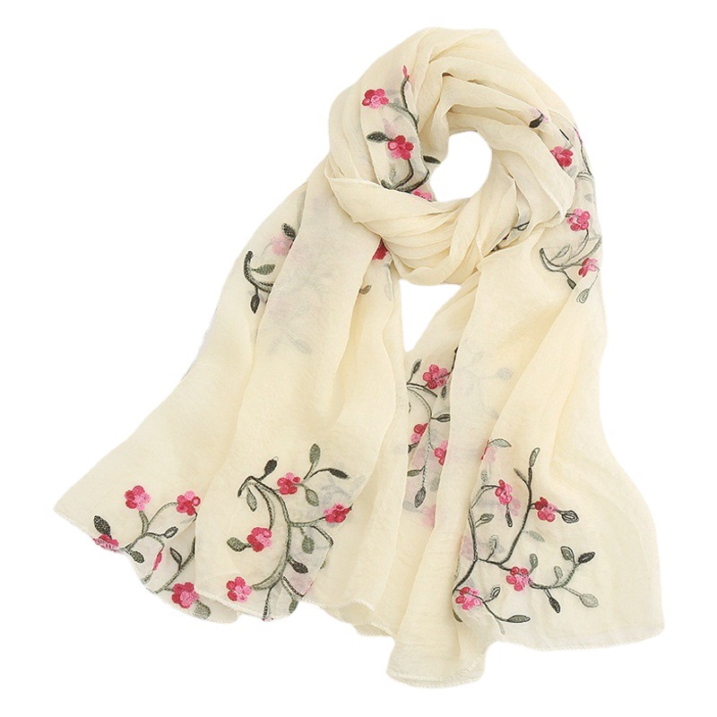 K-Style of Shili Peach Blossom Chiffon Flower Embroidered Silk Scarf Women's Fashion Versatile Travel Sun Protection Shawl Handy Gift