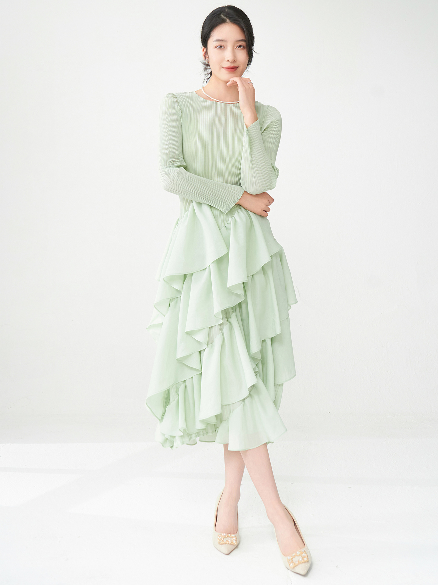 Miyake Spring dress Women's High-end Waist Slimming Ruffled Long-sleeved Elegant Dress Skirt for Foreign Trade