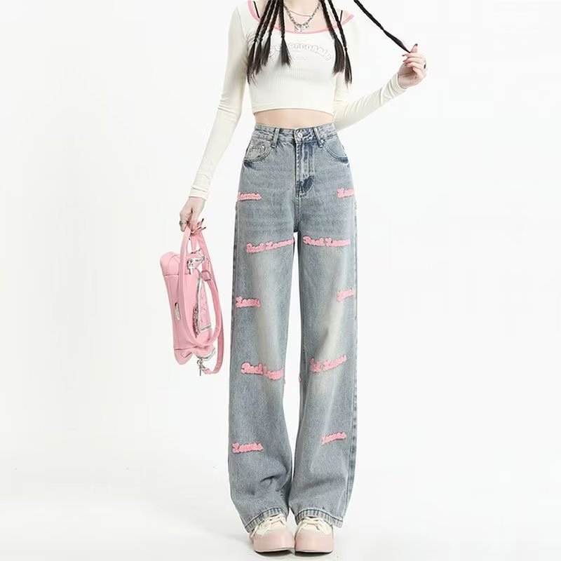 High Street Embroidered Wide-Leg Jeans for Women, Early Spring Design, Letter Straight Pants, High-Waisted Slimming Floor-Length Pants