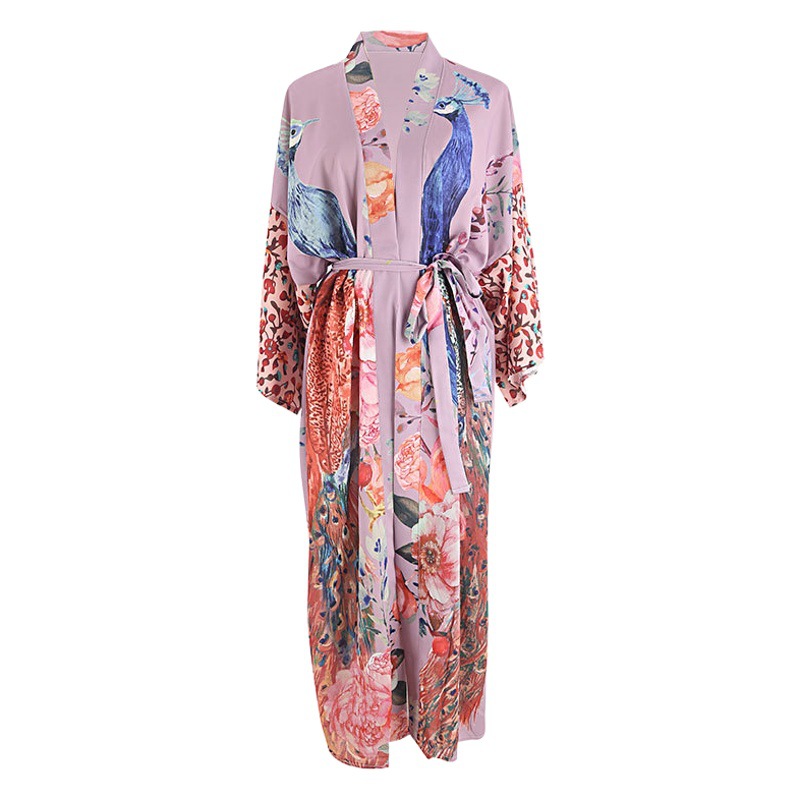 New Peacock Positioning Printed Sun Protection Cardigan Seaside Vacation Loose Jacket Bikini Cover-Up Swimsuit Outer Wear for Women