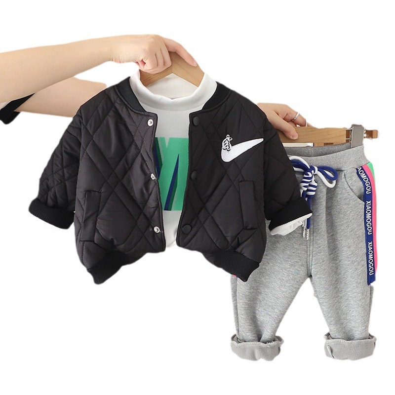 Autumn 2023 New Boys' fleece-lined Bread Jacket Long Sleeve Three-Piece Set Male Baby Casual Trousers suit Trendy