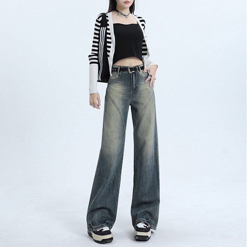 Retro blue straight jeans for women 2023 early autumn new high waist slimming loose niche wide leg mopping pants