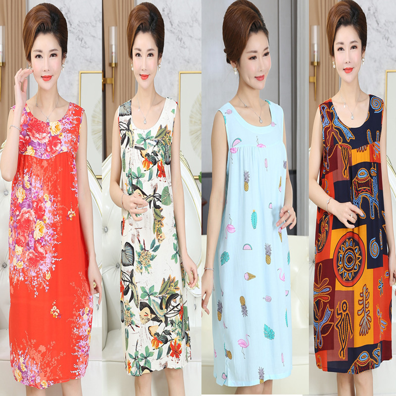 Summer Middle-Aged and Elderly Women's Pajamas Pure Cotton Silk Mother's Nightgown Summer Adult Large Size Cotton Silk Dress