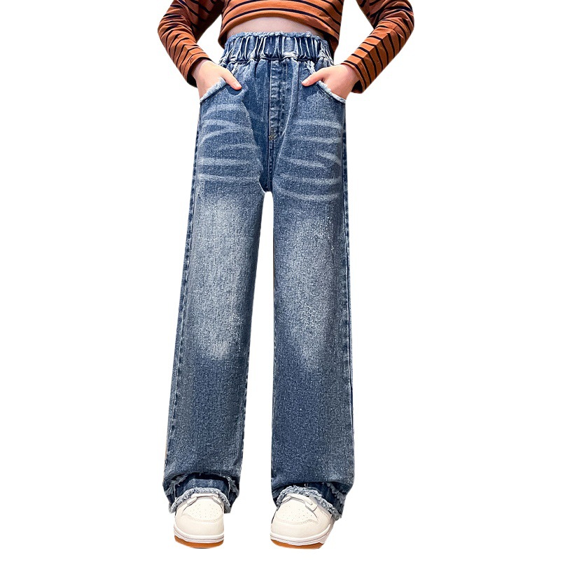 Girls' Pants Cross-Border Spring Korean Style Wide-Leg Jeans Cross-Border Versatile Straight Trousers Big Children Internet Celebrity Children's Clothing Trend